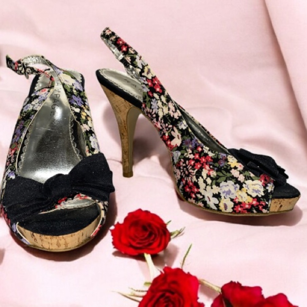* Rampage 7.5M Floral Slingback Heels with Black Bow open toe